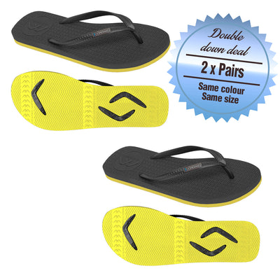2 x Pairs - Slim Black/Yellow Thongs - Boomerangz Footwear